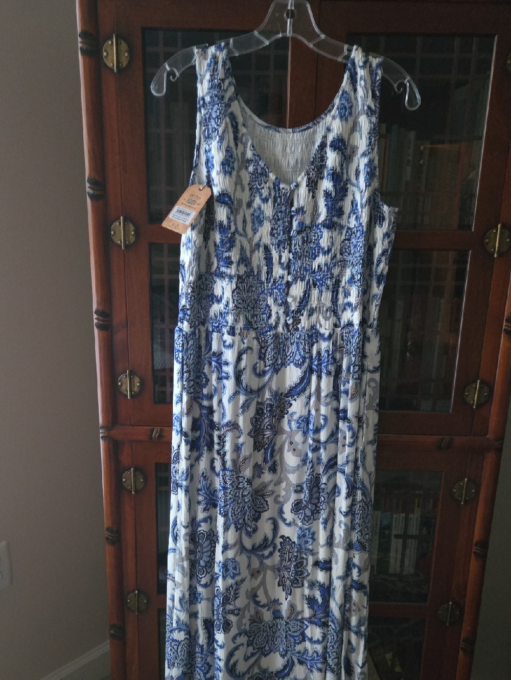 Fat Face Blue and White Floral Midi Dress with Smocked Waist